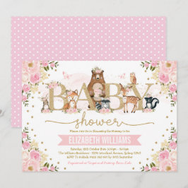 Pink Gold Floral Woodland Animals Girl Baby shower Kaart