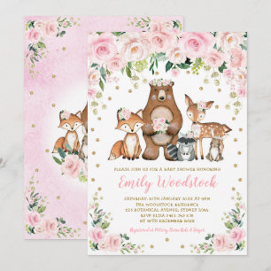Pink Gold Floral Woodland Animals Girl Baby shower Kaart