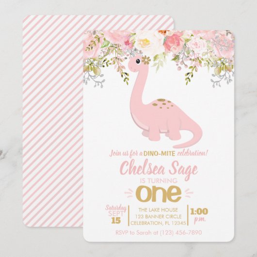 Pink & Gold Girl Dinosaur Floral Birthday Kaart (Voorkant / Achterkant)