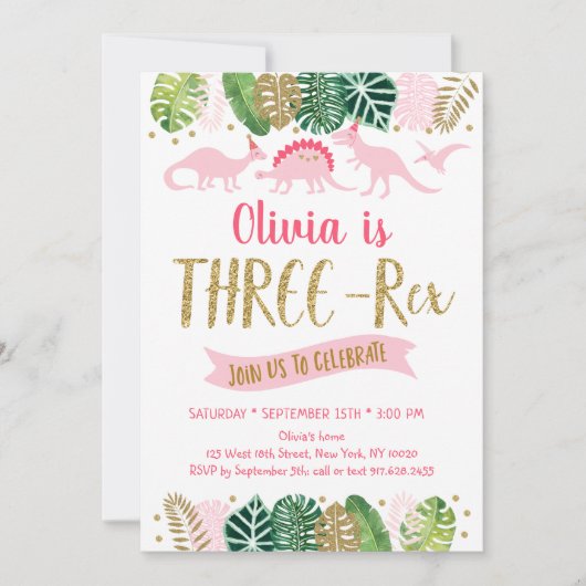 Pink Gold Girl Dinosaur THREX Birthday Kaart (Voorkant)