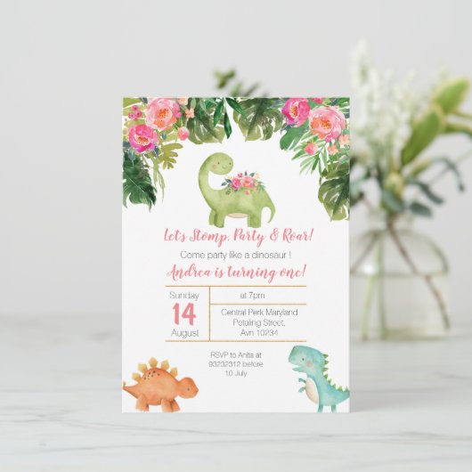 Pink & Gold Girl Dinosaurus Verjaardag Uitnodigen Kaart (Staand voorkant)