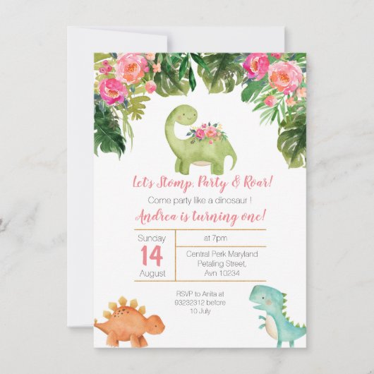 Pink & Gold Girl Dinosaurus Verjaardag Uitnodigen Kaart (Voorkant)