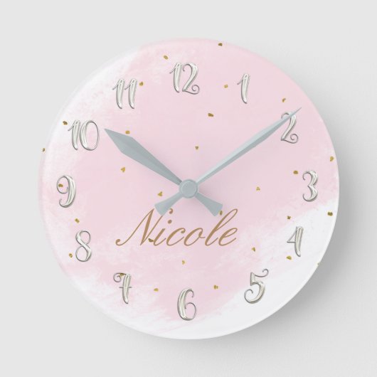 Pink & Gold Girly Glam Modern Personalized Name Ronde Klok (Voorkant)
