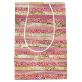 Pink Gold Glam Glitter Stripes Medium Cadeauzakje (Voorkant)