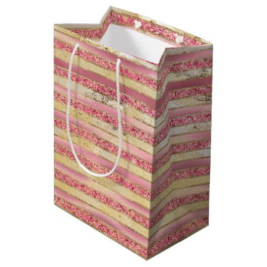 Pink Gold Glam Glitter Stripes Medium Cadeauzakje (Achterkant Gekanteld)
