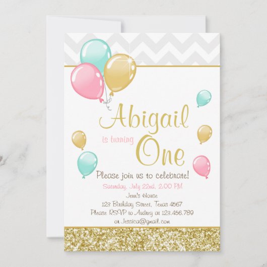 Pink Gold Glitter Balloons Birthday Uitnodiging (Voorkant)