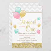 Pink Gold Glitter Balloons Birthday Uitnodiging (Voorkant / Achterkant)