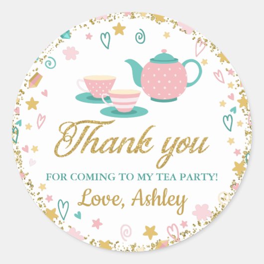 Pink Gold Glitter Birthday Tea Party Hartelijk dan Ronde Sticker (Voorkant)