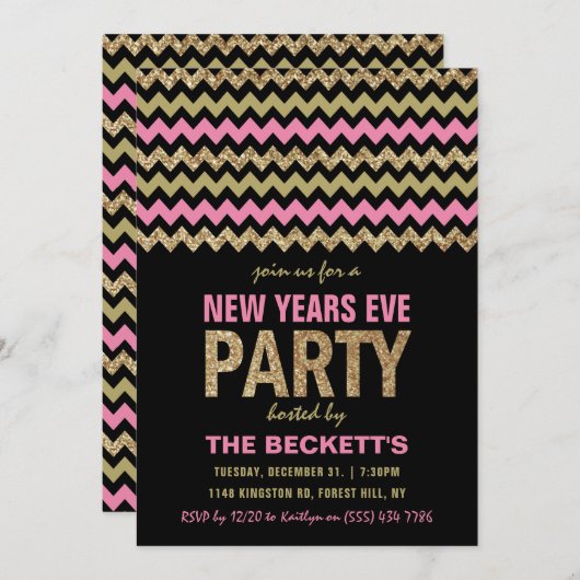 Pink & Gold Glitter Chevron New Years Party Kaart (Voorkant / Achterkant)