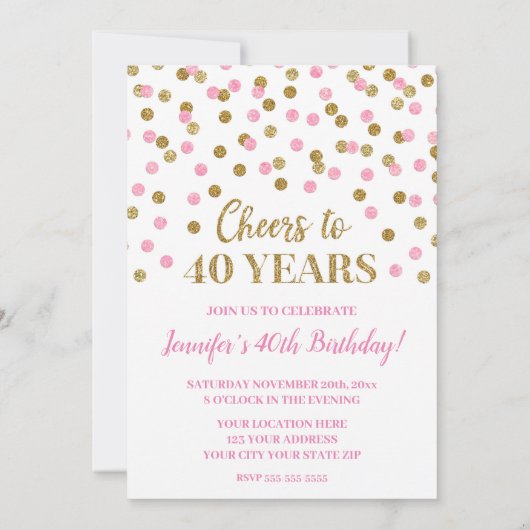 Pink Gold Glitter Confetti juicht tot 40 jaar Kaart (Achterkant)