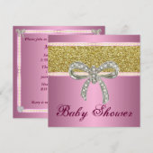 Pink Gold Glitter Diamond Bow Baby shower Uitnodig Kaart (Voorkant / Achterkant)