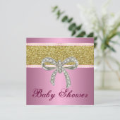 Pink Gold Glitter Diamond Bow Baby shower Uitnodig Kaart (Staand voorkant)
