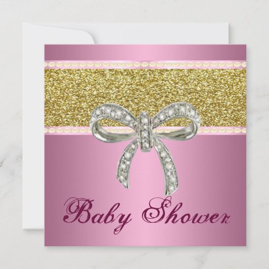 Pink Gold Glitter Diamond Bow Baby shower Uitnodig Kaart (Voorkant)