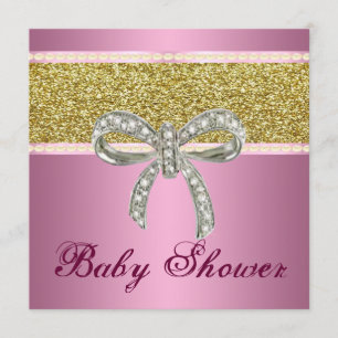 Pink Gold Glitter Diamond Bow Baby shower Uitnodig Kaart