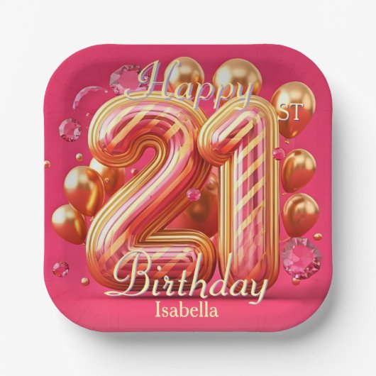 Pink & Gold Glitter Drip 21st Birthday Celebration Papieren Bordje (Voorkant)