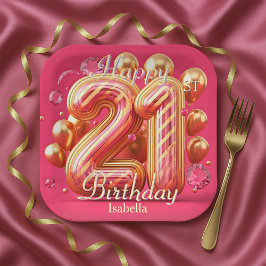 Pink & Gold Glitter Drip 21st Birthday Celebration Papieren Bordje