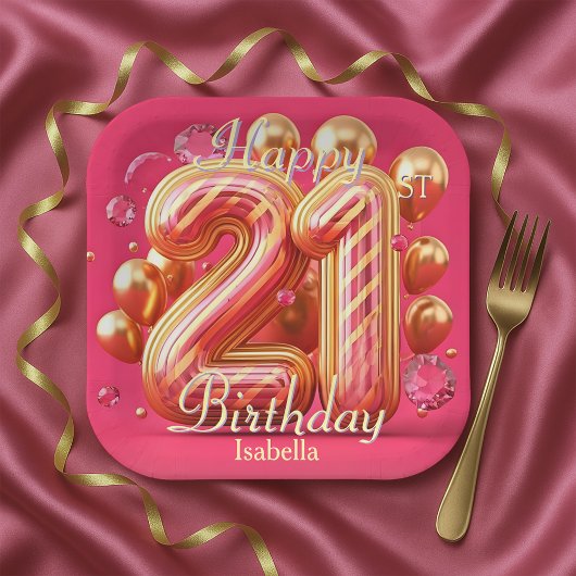 Pink & Gold Glitter Drip 21st Birthday Celebration Papieren Bordje