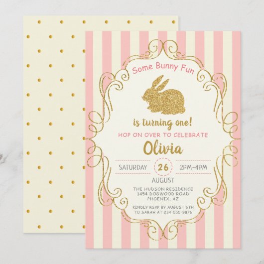 Pink Gold Glitter, een bunny Birthday-uitnodiging Kaart (Voorkant / Achterkant)