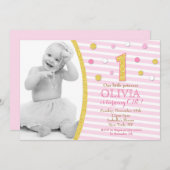 Pink Gold Glitter Eerste 1e verjaardag Uitnodiging (Voorkant / Achterkant)