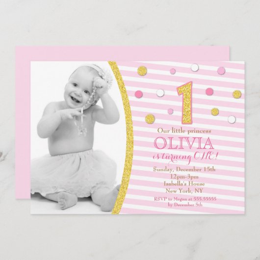 Pink Gold Glitter Eerste 1e verjaardag Uitnodiging (Voorkant / Achterkant)