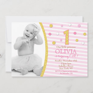 Pink Gold Glitter Eerste 1e verjaardag Uitnodiging