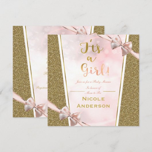 Pink Gold Glitter Glam Het is een Girl Bow Baby sh Kaart (Voorkant / Achterkant)