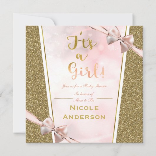 Pink Gold Glitter Glam Het is een Girl Bow Baby sh Kaart (Voorkant)