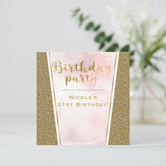 Pink Gold Glitter Glam Sparkle Birthday Party Kaart (Staand voorkant)