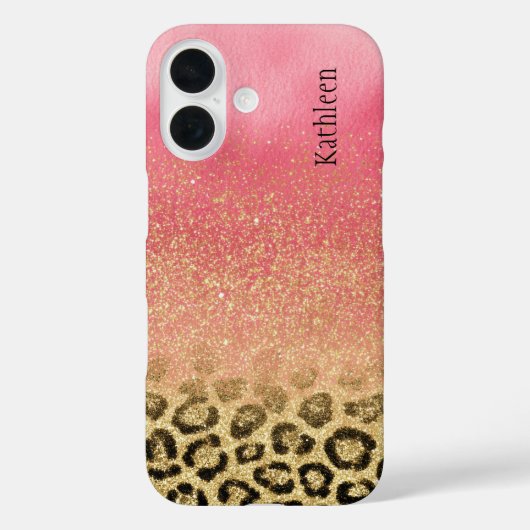 Pink Gold Glitter Leopard Print Monogrammed Name Case-Mate iPhone Case (Achterkant)