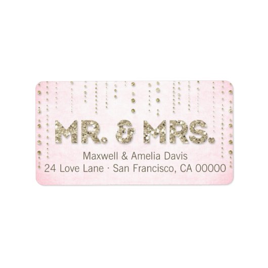 Pink & Gold Glitter Look Mr & Mrs Labels (Voorkant)