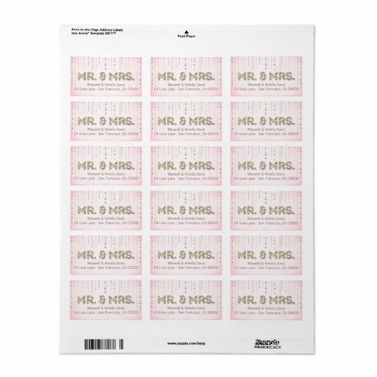 Pink & Gold Glitter Look Mr & Mrs Labels (Full Sheet)