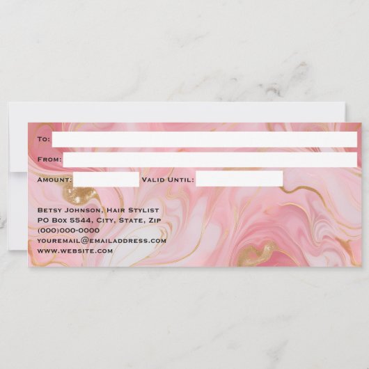 Pink & Gold Glitter Marbled Gift Certificate Card Kaart (Achterkant)