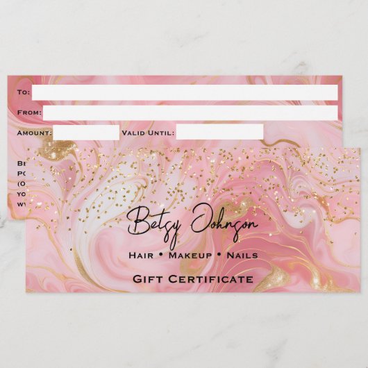 Pink & Gold Glitter Marbled Gift Certificate Card Kaart (Voorkant / Achterkant)