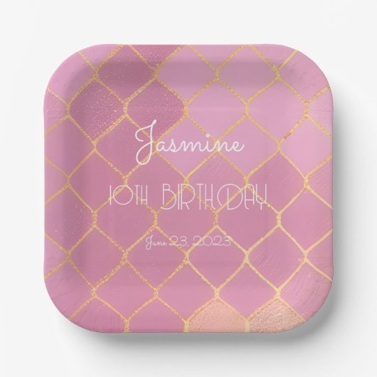 Pink Gold Glitter Meisje Verjaardag Papieren Bordje (Voorkant)