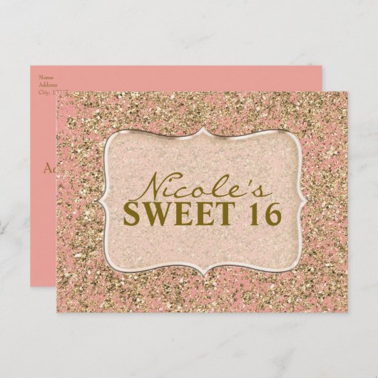 Pink & Gold Glitter Party Aangepaste Uitnodiging (Voorkant / Achterkant)