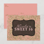Pink & Gold Glitter Party Black Glam Uitnodiging Briefkaart (Voorkant / Achterkant)