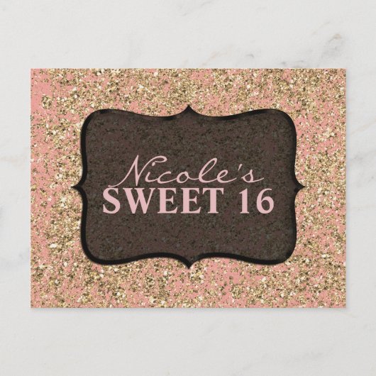 Pink & Gold Glitter Party Black Glam Uitnodiging Briefkaart (Voorkant)