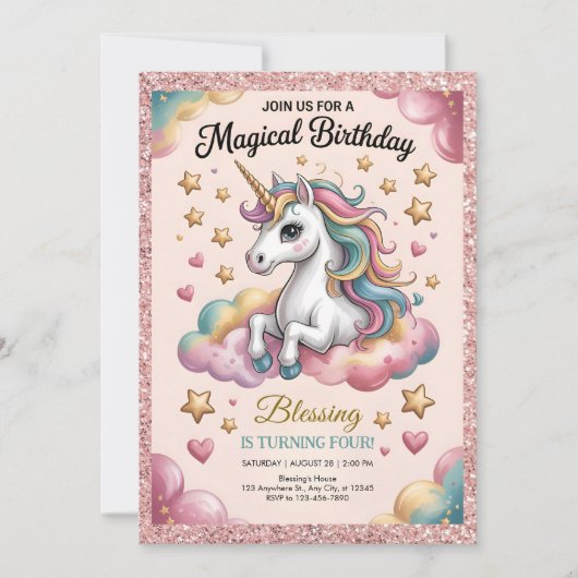 Pink & Gold Glitter Party Kaart (Voorkant)