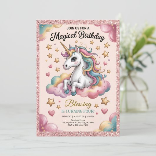 Pink & Gold Glitter Party Kaart (Staand voorkant)