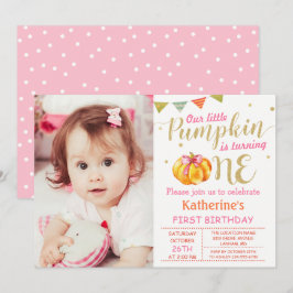 Pink Gold Glitter Pumpkin Baby 1e verjaardag Foto Kaart