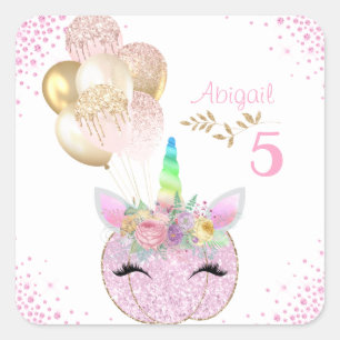 Pink Gold Glitter Pumpkin Unicorn Girls Birthday Vierkante Sticker