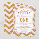 Pink Gold Glitter Sparkle First Birthday Invite Kaart (Voorkant / Achterkant)