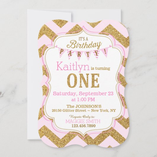 Pink Gold Glitter Sparkle First Birthday Invite Kaart (Voorkant)