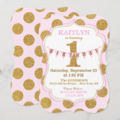 Pink Gold Glitter Sparkle First Birthday Invite Kaart (Voorkant / Achterkant)
