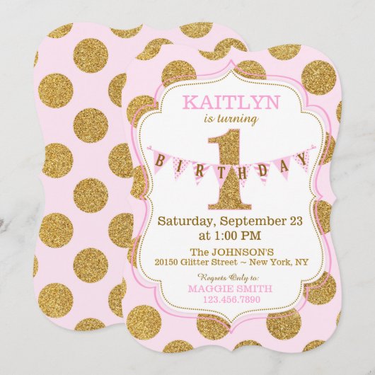 Pink Gold Glitter Sparkle First Birthday Invite Kaart (Voorkant / Achterkant)