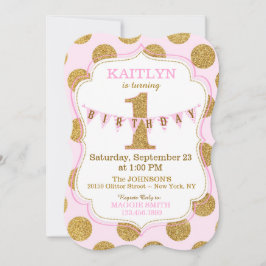 Pink Gold Glitter Sparkle First Birthday Invite Kaart