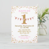 Pink Gold Glitter Sparkle First Birthday Invite Kaart (Staand voorkant)