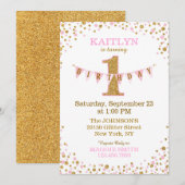 Pink Gold Glitter Sparkle First Birthday Invite Kaart (Voorkant / Achterkant)