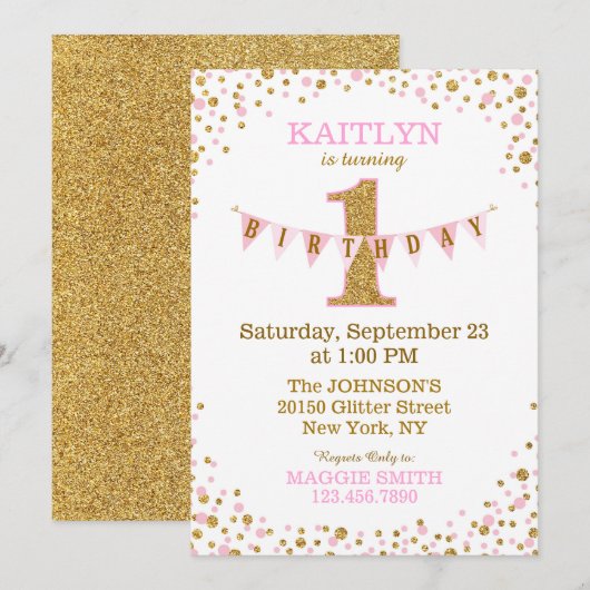 Pink Gold Glitter Sparkle First Birthday Invite Kaart (Voorkant / Achterkant)