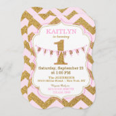 Pink Gold Glitter Sparkle First Birthday Invite Kaart (Voorkant / Achterkant)